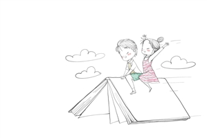Kinder auf einem fliegenden Buch